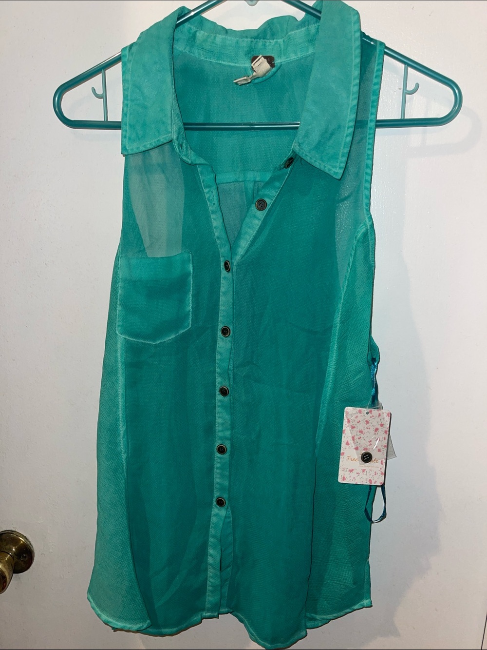 Free People Sleeveless Sheer Button-Front Blouse - Teal